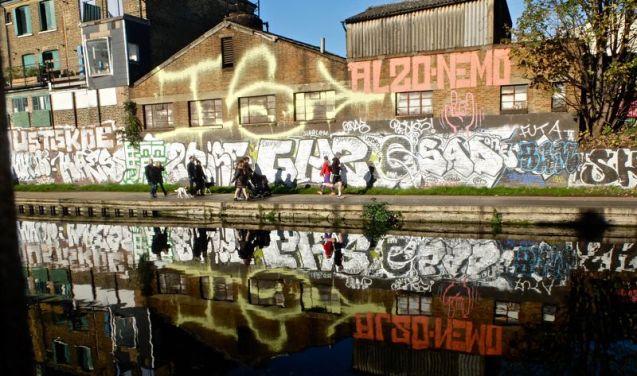 Graffiti and people walking Regent Canal Hackney